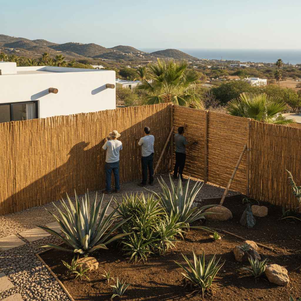 Instalación profesional de cercado de carrizo en jardín
