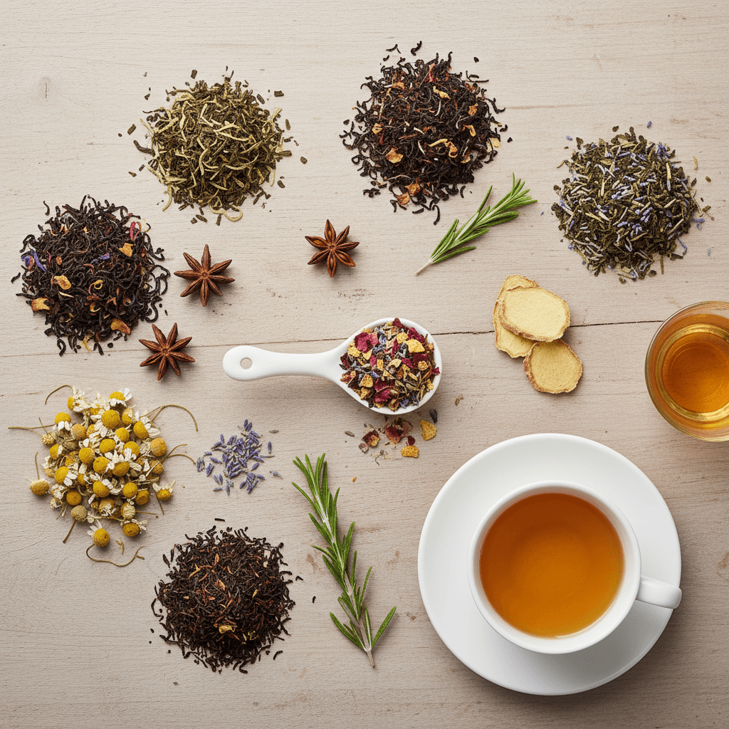 Overhead flat-lay arrangement of tea leaves, dried botanicals, measuring spoon, and ceramic cup on wooden surface