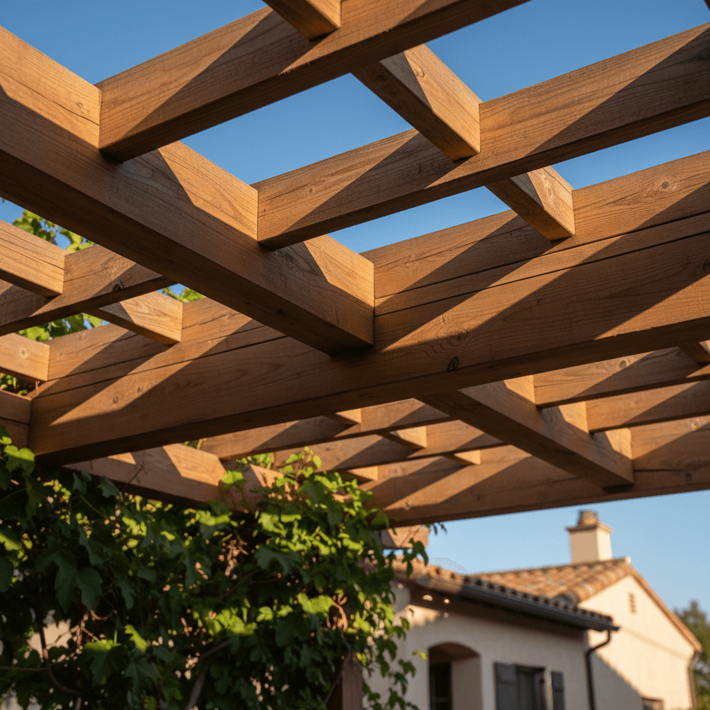 Instalación de hojas de palma en estructura de pérgola