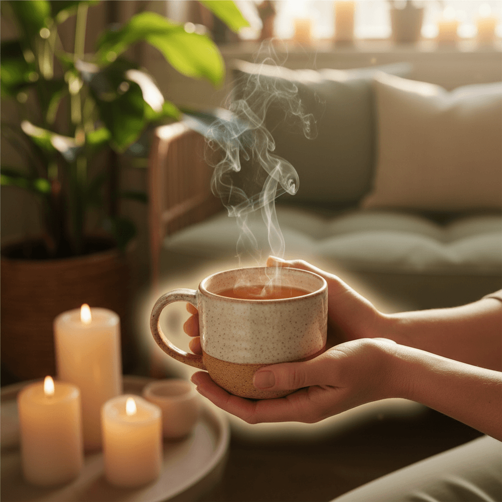 Client's hands holding warm ceramic mug of herbal tea with practitioner's supportive hands nearby during spa visit