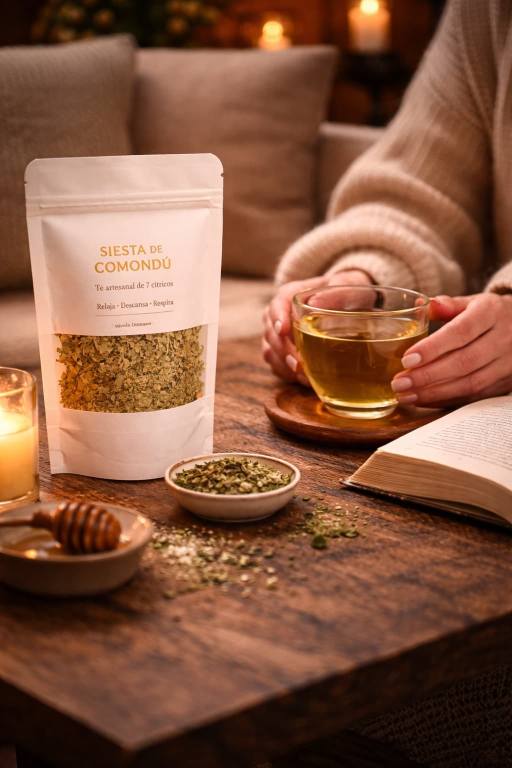 Bolsa de té Siesta de Comondú en mesa rústica con taza caliente y libro abierto.