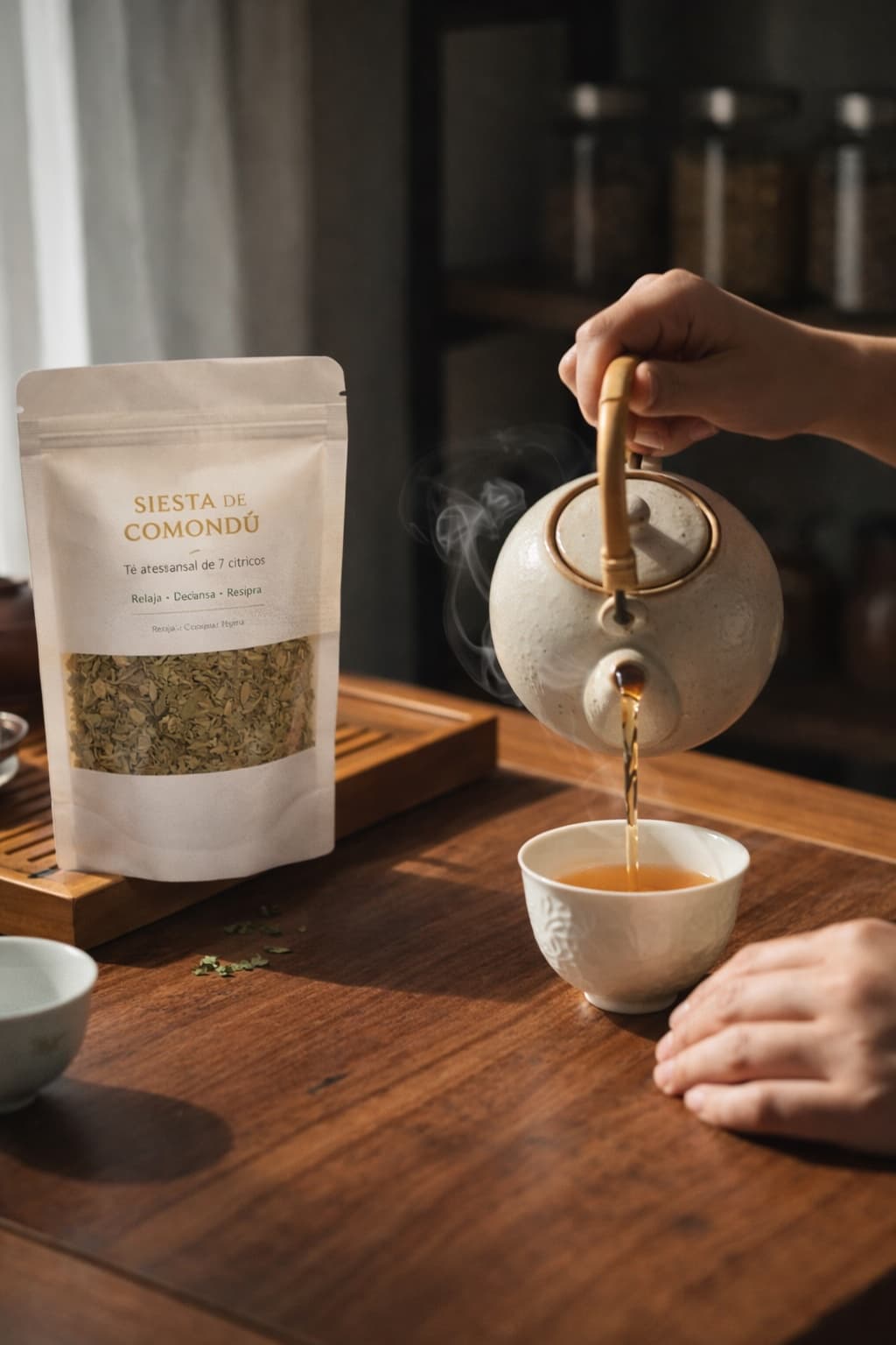 Té caliente vertiéndose de tetera cerámica a taza blanca junto a bolsa de té artesanal.