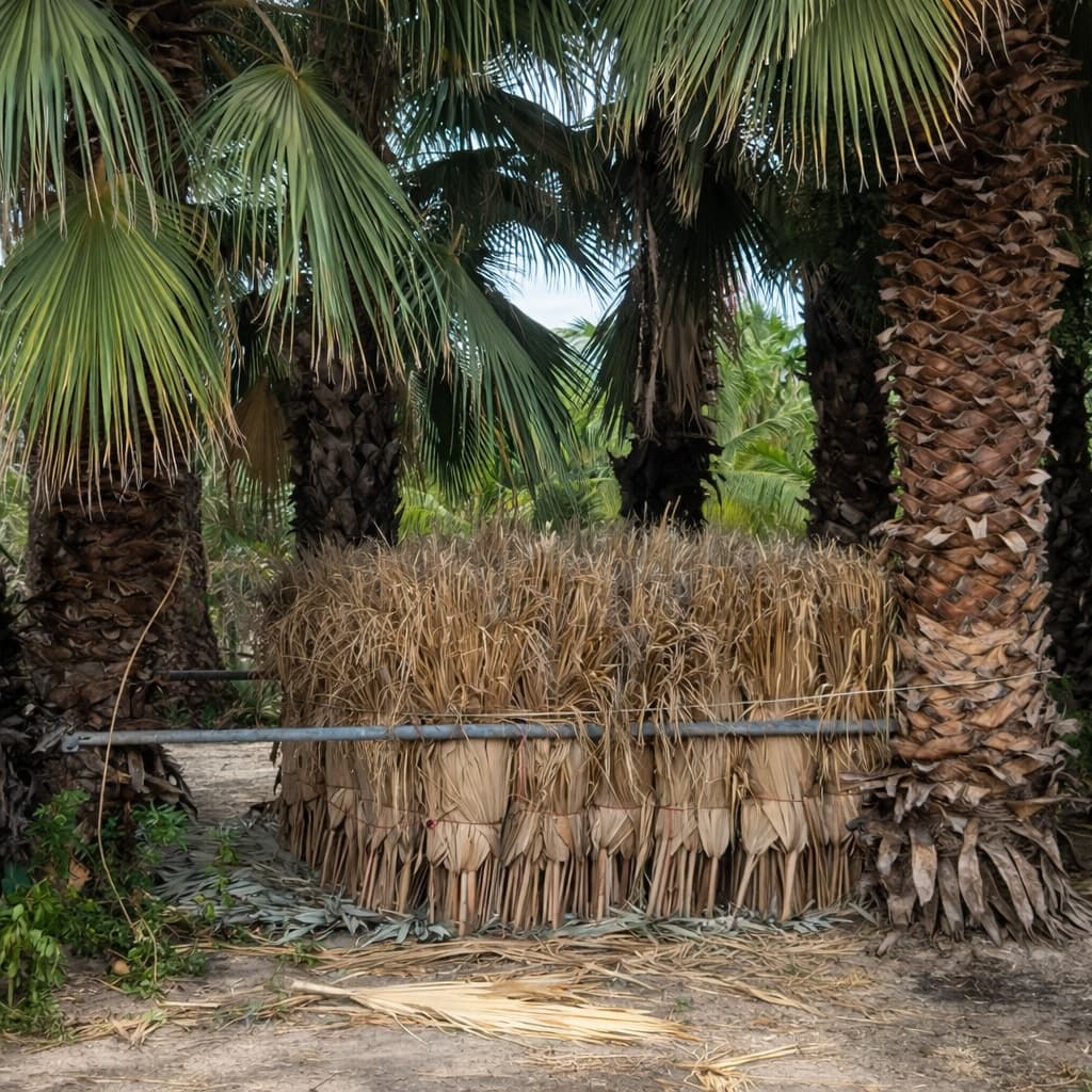 Fardo de hojas de palma secas atado con barras metálicas entre troncos de palmeras.