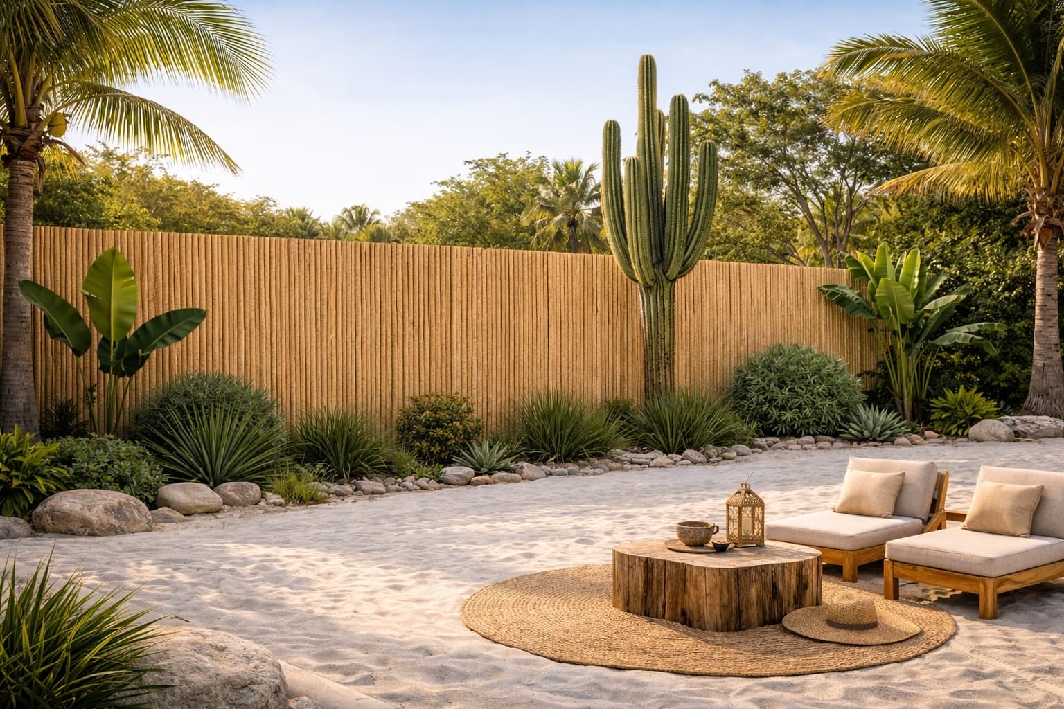 Patio soleado con arena blanca, cactus alto, valla de madera y muebles de descanso elegantes.